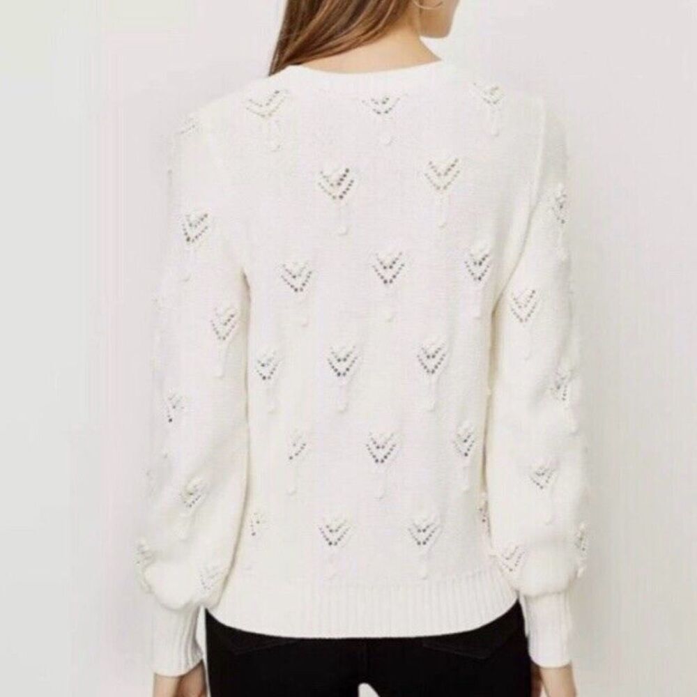 A.T. LOFT | Women's Bobble Pointelle Sweater Ivory Cream Blouson Sleeve | Large - Picture 2 of 10